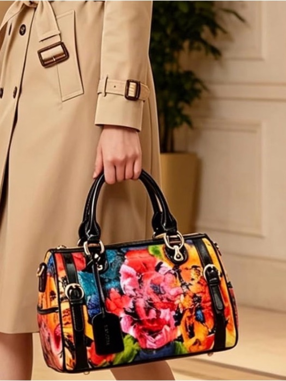 Genuine leather Structured Floral Satchel Handbag in Multicolor